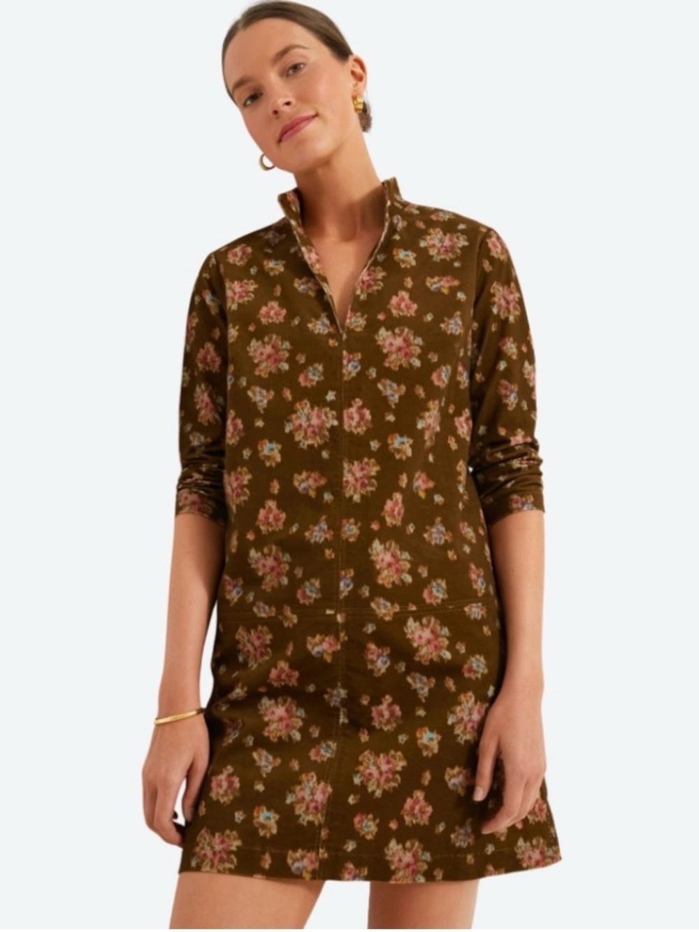 Tuckernuck Corduroy Brown  Hazel Dress with Pink & Cream Floral Accents